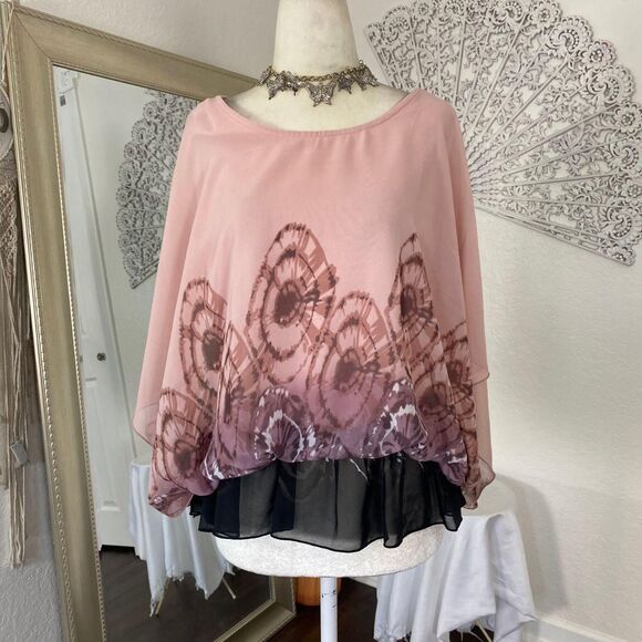 Milano Pink Black Tie Dye Swirl Whimsygoth Bat Sleeve Shawl Top Blouse L - Picture 2 of 6